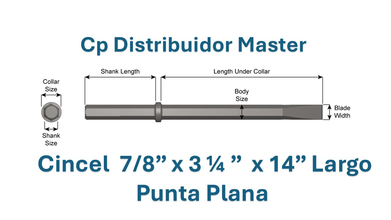 Cincel Neumático Punta Plana 14" Largo con Vástago 7/8 x 3 1/4" y Ancho de Hoja 1 1/4" 11100
