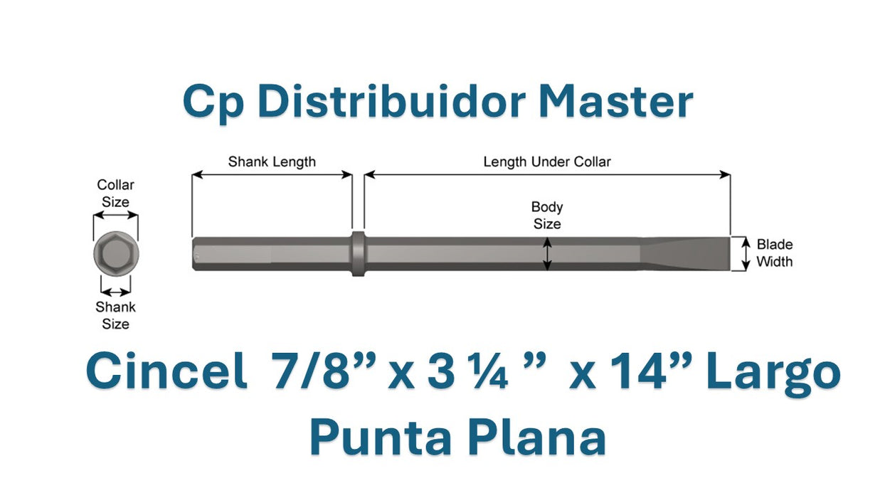 Cincel Neumático Punta Plana 14" Largo con Vástago 7/8 x 3 1/4" y Ancho de Hoja 1 1/4" 11100