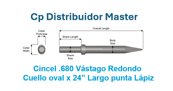 Cincel de Punta Fina - 24 pulgadas largo - Vástago .680 Redondo y Collar Ovalado 315 - 24