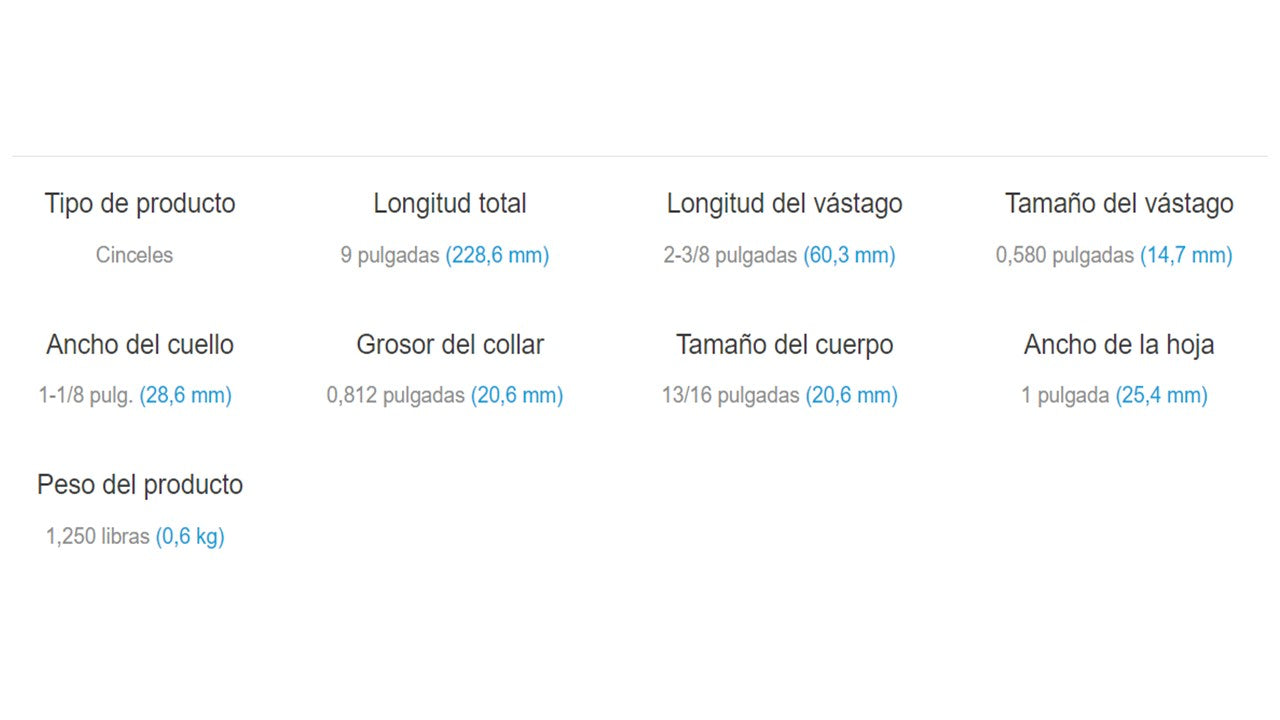 Cincel plano 304 Vástago .580 Hexagonal Cuello Oval De 9 PuLG Para Cincelador