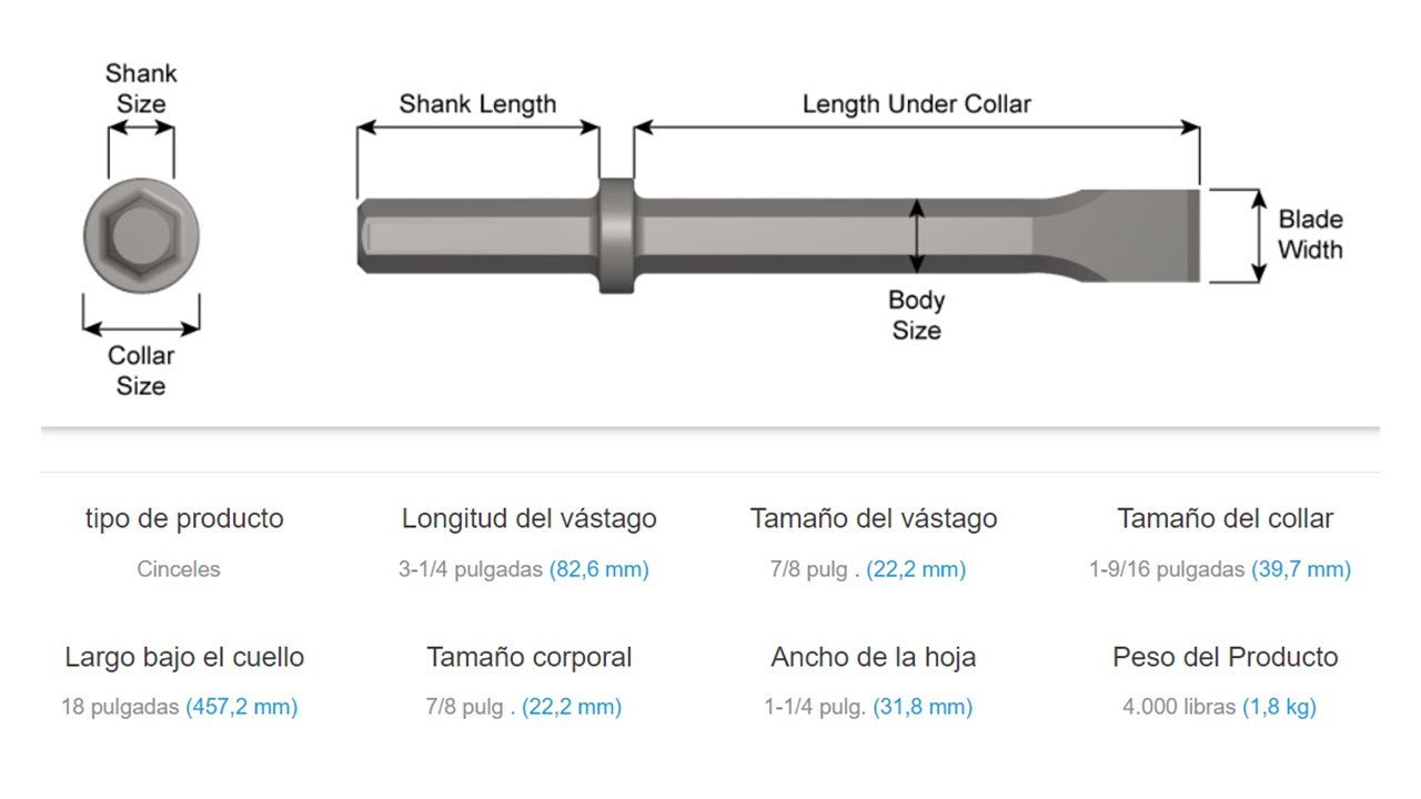Cincel punta plana 7 / 8" X 3 1/4" Para Rompedora De Concreto 12100