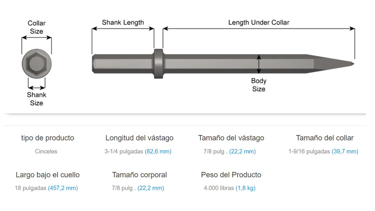 Cincel 7/8 X 3 1/4 Punta Lápiz Para Rompedora de concreto Neumática 12200