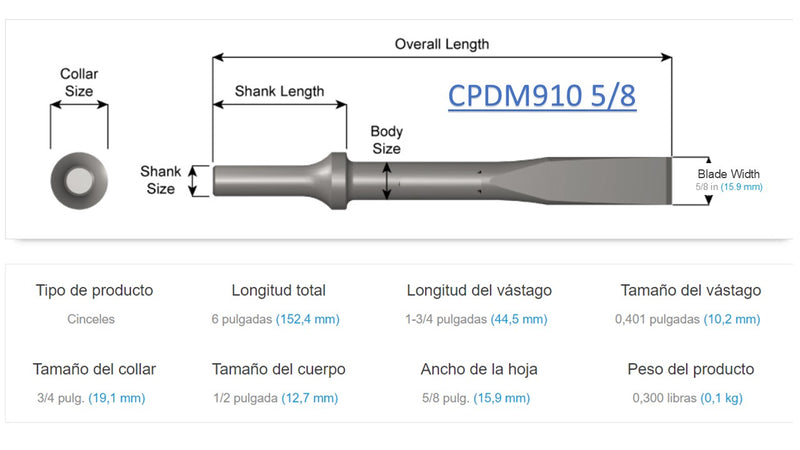 Cincel plano 910 5/8  de 7 in  177.8 mm 5/8 in 15.9 mm Blade Width; .498 Turn Type Shank