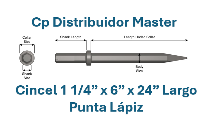 Cincel de Punta Fina ( punta lapiz ) Estándar - Longitud 24" x Vástago 1 1/4" pulg x 6" x 24" Largo 43200