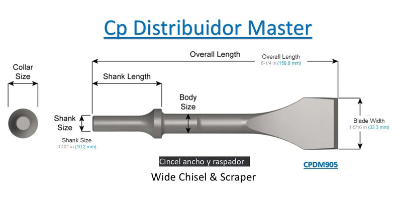 cincel  905 de 6-1/4 in 158,8mm ancho de hoja de 1 - 5/16 in 33,3mm vástago de 0,401