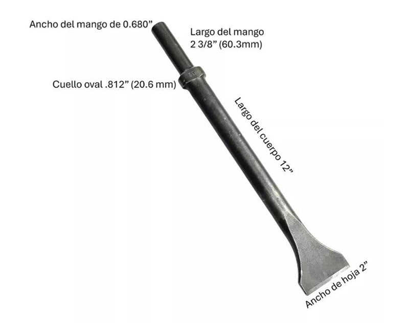12 in 304,8mm vástago redondo, collar ovalado; cuerpo de 13 / 16 in 20,6mm mancho de hoja de 2 in 50,8 mm 323 - 12