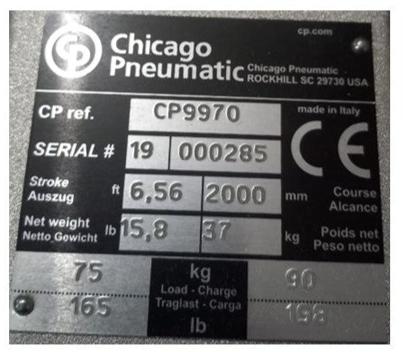 Balancer de 75 a 90kg 2.0 mts, Chicago Pneumatic CP 9970