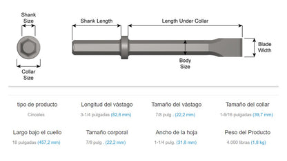 Cincel punta plana 7 / 8" X 3  1/4"  Para Rompedora De Concreto 12100