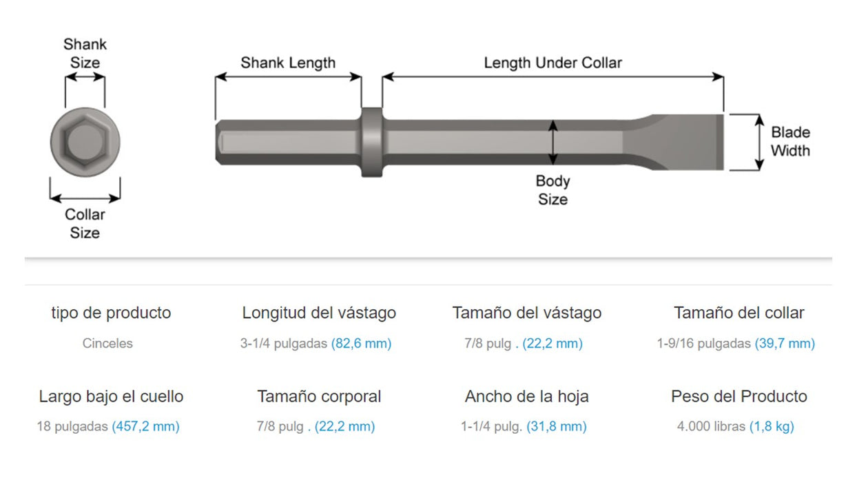 Cincel punta plana 7 / 8" X 3  1/4"  Para Rompedora De Concreto 12100