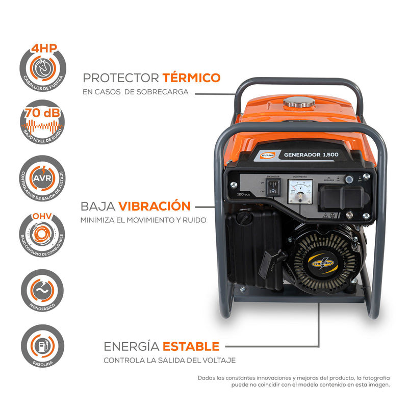 Generador Monofásico 1,500 W con Motor a Gasolina Thunder 4 HP | EVANS