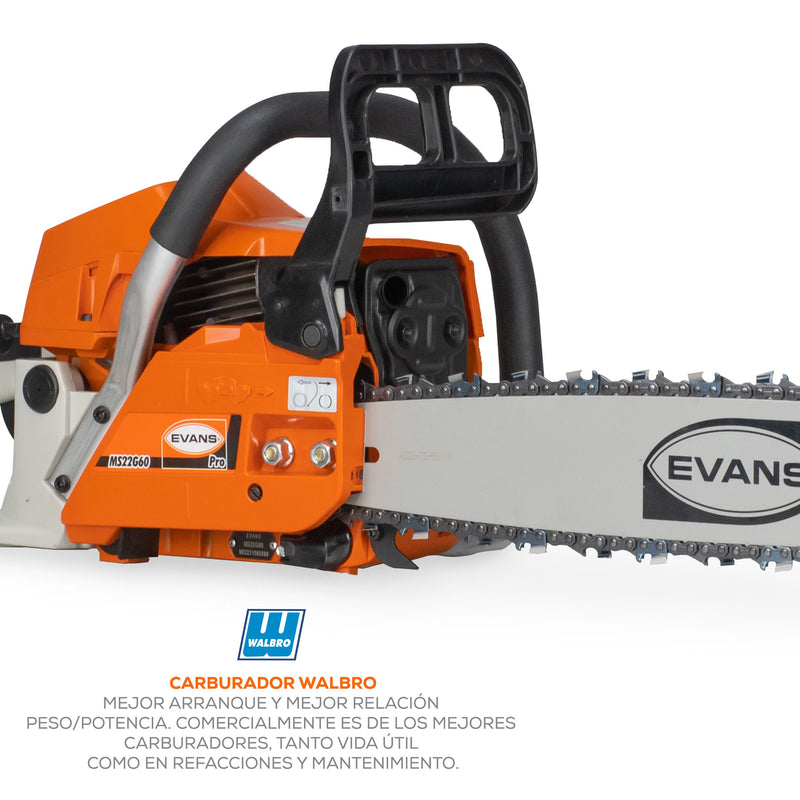 Motosierra  motor 2T de 60 cc, barra de 22" largo antivibratorio