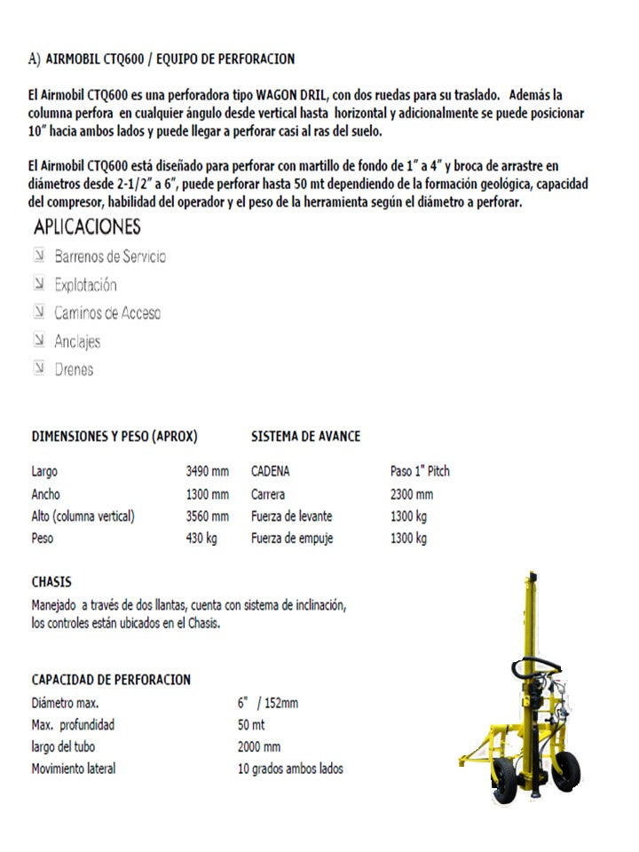 Wagon Drill 60 Perforador explorador pozo de agua / Perforadora Wagon Drill Airmobil CTQ600